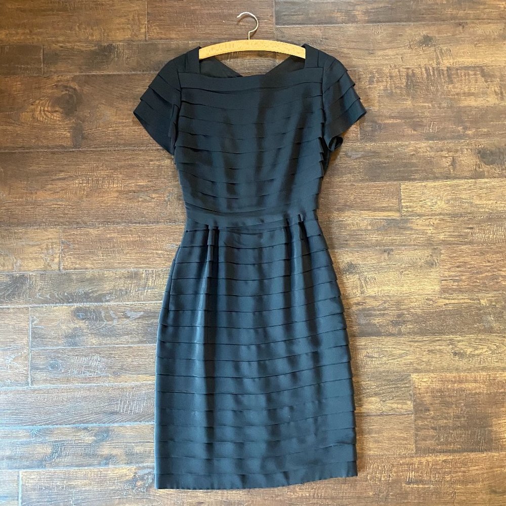 Vintage 1950s Ann Kauffman Black Square Neck Ruffled Short Sleeved Midi Dress